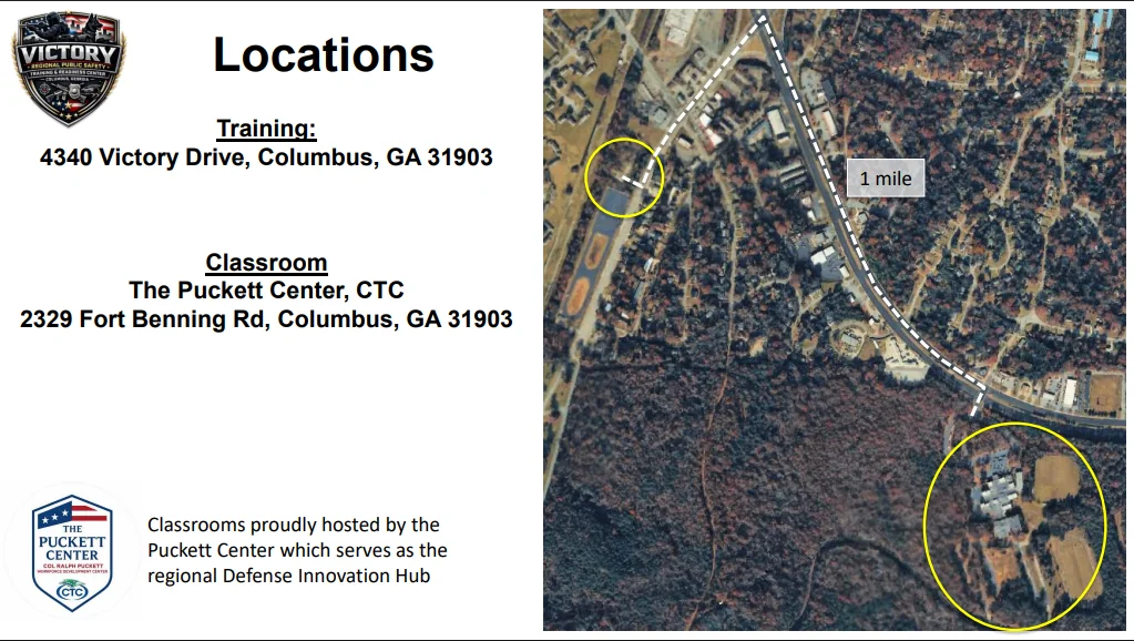 Map showing the Victory campus and Puckett Center classroom