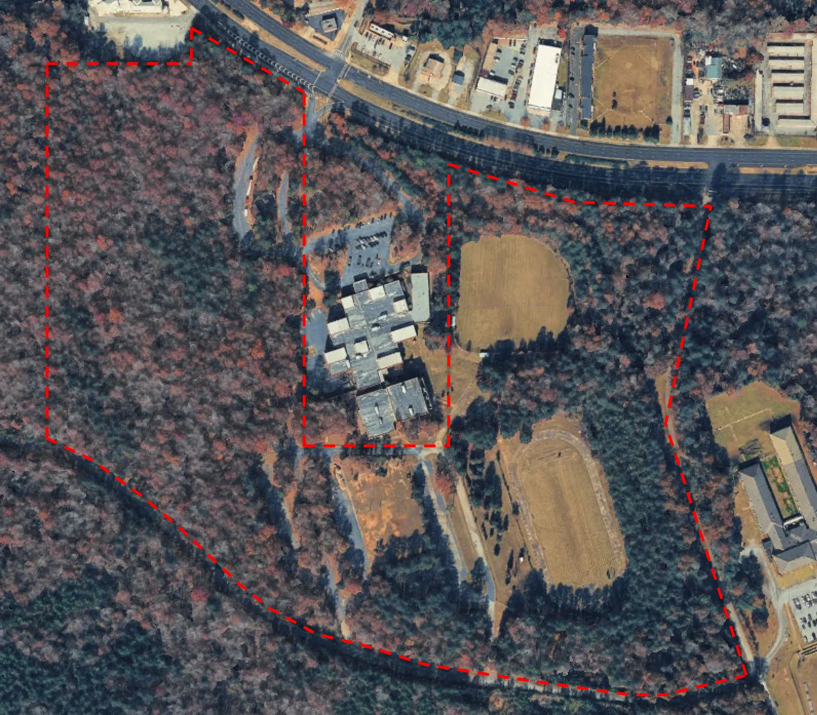 Aerial view of the Victory campus with the property boundary outlined in red
